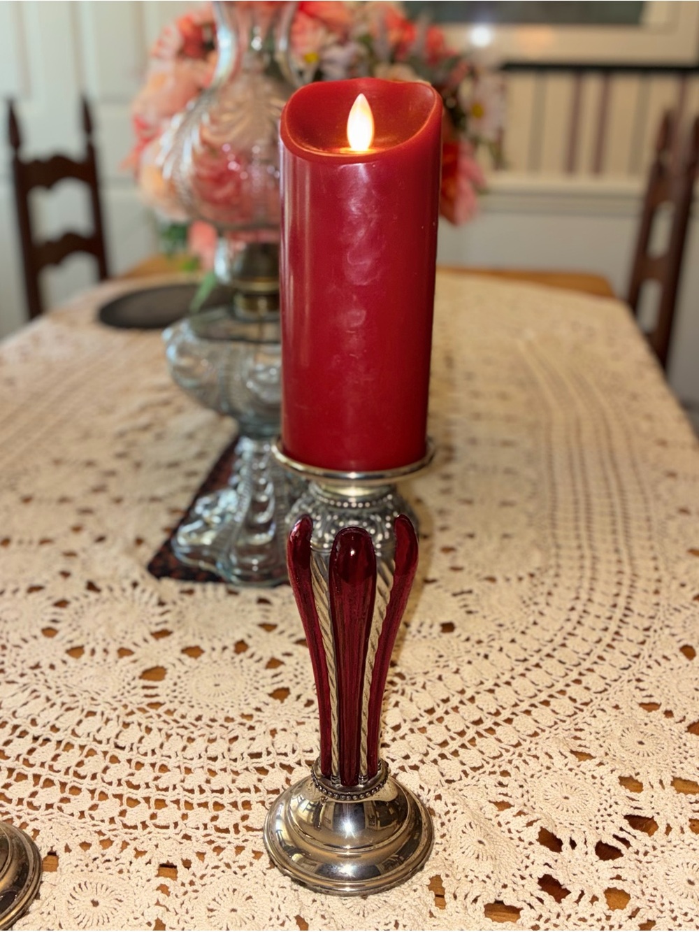 Vintage MCM Bubble Glass Decorative Red Glass and Silver Candle Holders - Pair - Picture 11 of 11